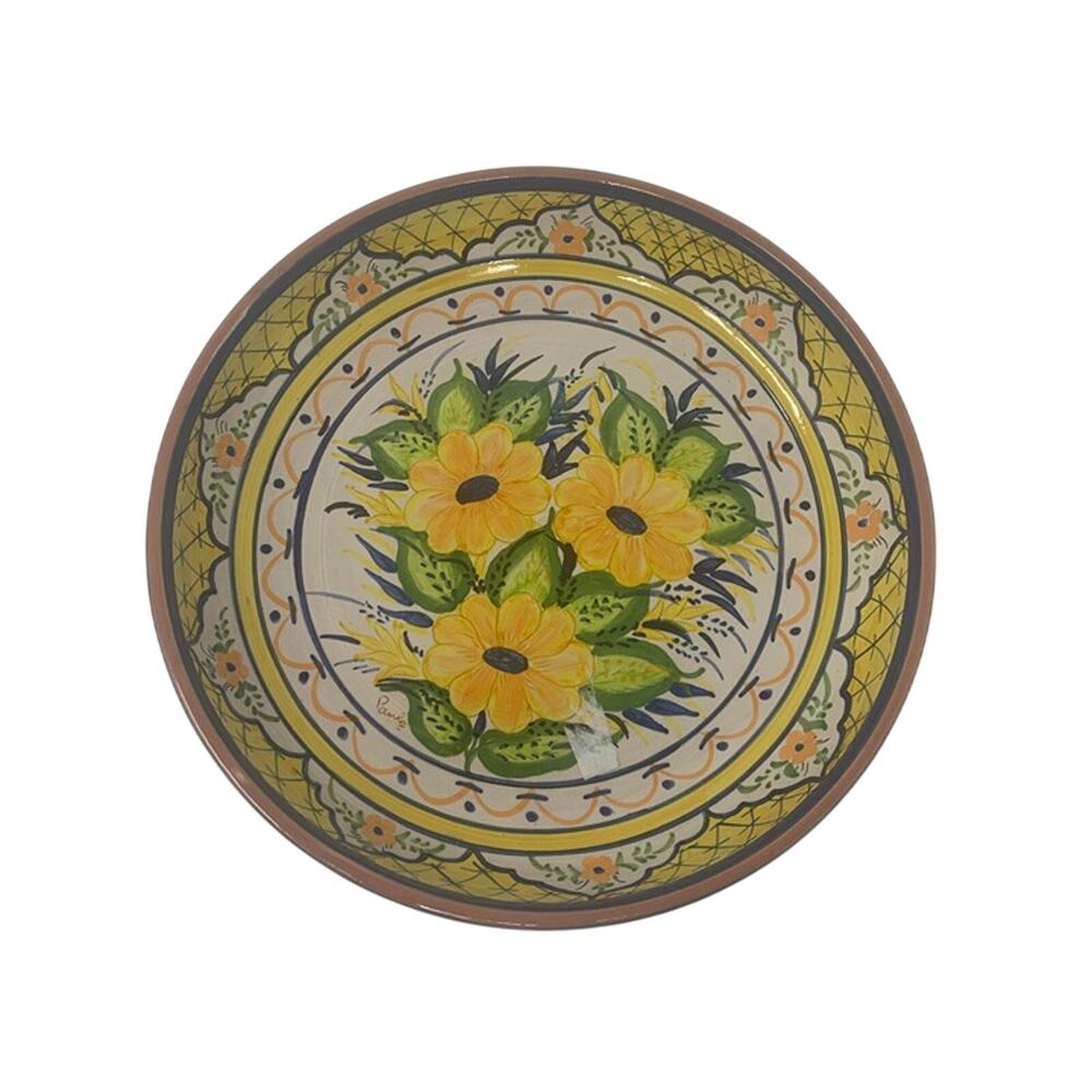 Vintage Signed Casafina Alentejo Terracotta Handmade Yellow Flowers Large Bowl